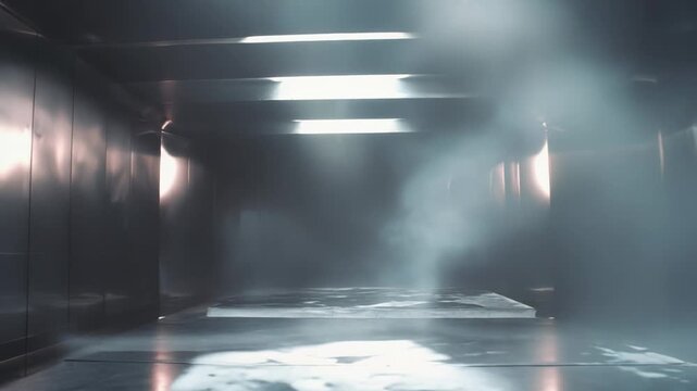 Industrial chamber featuring a metallic surface and bright overhead lights with vapor rising from the platform, creating an atmospheric and mysterious high tech environment