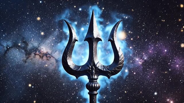 Spiritual Sawan Shivaratri Background featuring a Glowing Blue Trishul Symbol in a Dark Cosmic Universe with Divine Light Particles and Aura