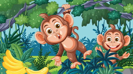 Naklejka premium Playful Monkeys Swinging in Lush Jungle with Bananas