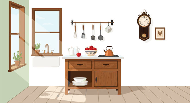 A modern rustic kitchen features a central wooden island with a stovetop and fresh apples, complemented by a pendulum wall clock and a bright sink area.