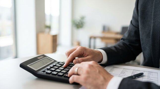 Close up of businessman hands using calculator and reviewing financial documents on desk, accounting, budget planning, tax calculation, corporate finance, investment analysis,