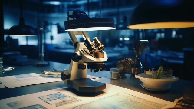 Modern microscope standing illuminated on a laboratory desk, surrounded by printed schematics and tools, representing scientific research, experimentation, and critical investigation