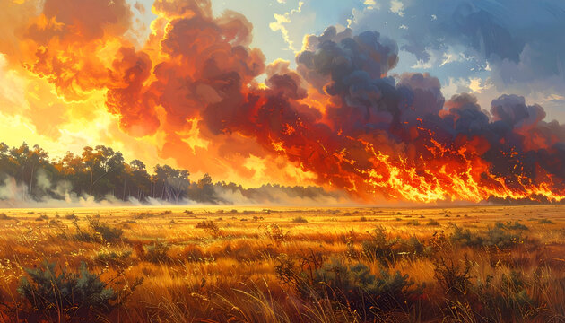 Vast Wildfire Raging Across a Dry Landscape Under a Smoky Sky.