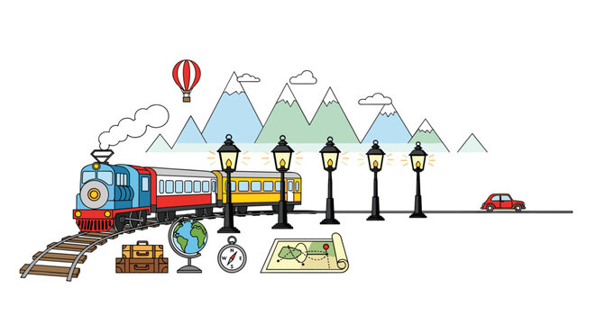 A colorful illustration depicts a passenger train traveling on rails past tall street lamps, mountain peaks, and travel icons in a bright, clean graphic environment.