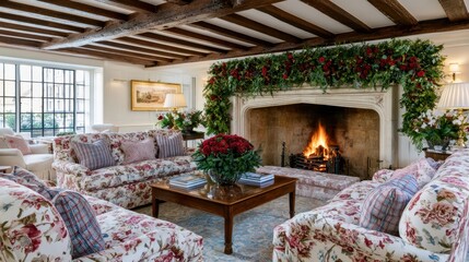 Naklejka premium Cozy living room with floral sofas and a roaring fireplace decorated for the holidays