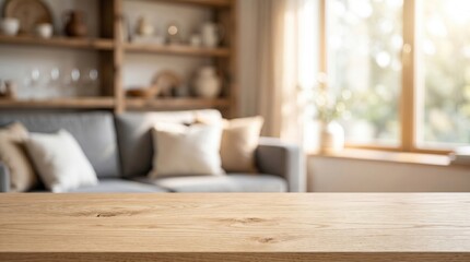 Obraz premium Empty wooden table top with blurred cozy living room background, perfect for product display mockup or interior design presentation template