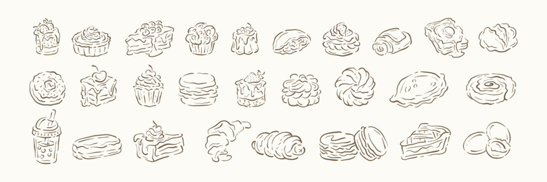 A delightful assortment of dessert and pastry doodles. Features cakes, croissants, macarons, and other sweets. A hand drawn vector illustration for a patisserie menu or bakery branding project