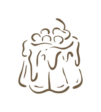 A charming doodle of a creamy pudding dessert with a sweet topping and cherry. A wobbly, delightful vector illustration. Ideal for a dessert menu, sweet shop logo, or a party food icon