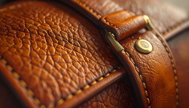 Close-up Macro Shot of Rich Brown Leather Texture with Stitching Detail.