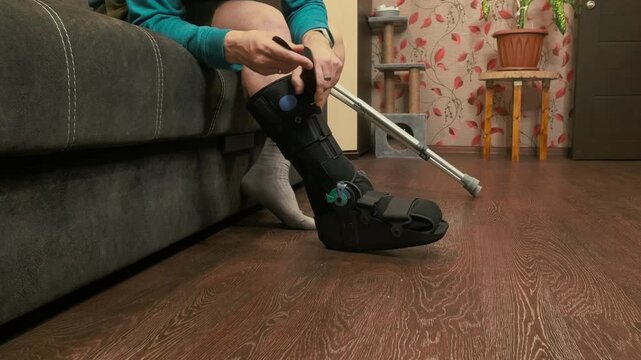 Close up injured foot in orthopedic boot with crutches nearby, recovery support, rehabilitation and medical care concept.
