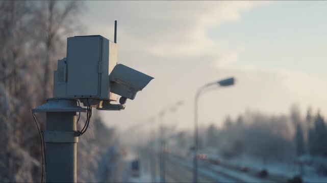 Surveillance camera system monitoring urban highway traffic and conditions on snowy roads at sunset, providing safety, security and traffic data collection for winter commuting