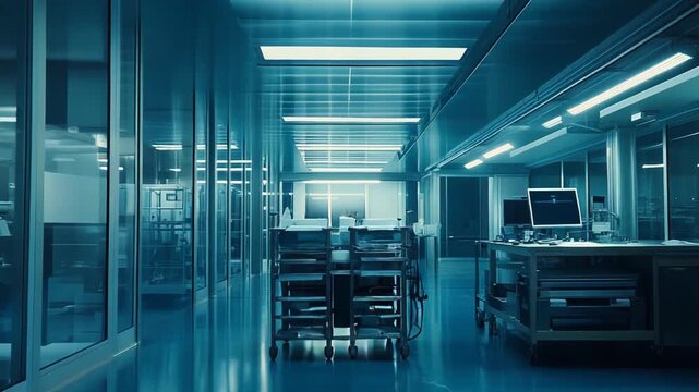 Empty cleanroom laboratory with advanced technology and scientific equipment for research and development, featuring sleek design and sterile environment