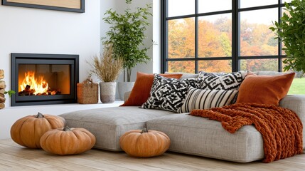 Naklejka premium Cozy living room with fireplace and pumpkins for autumn season decoration