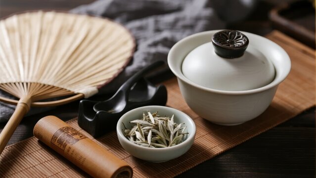 Traditional tea set with dried tea leaves, bamboo fan, and utensils arranged on a wooden mat