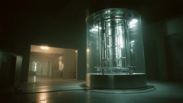 Glowing experimental chamber stands prominently in a clean, dark futuristic laboratory, suggesting cutting edge research and innovation in a high tech science environment