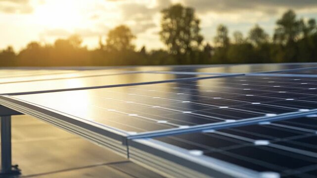 Solar panels on a rooftop absorbing sunlight during a warm sunset, generating clean sustainable electricity and promoting green technology for a brighter future