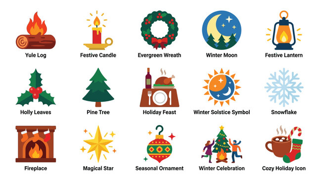 Collection of Christmas and Winter Holiday Icons Including Yule Log, Candle, Wreath, and Snowflake.