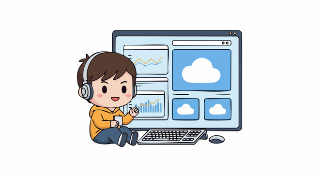 Cute chibi male programmer sitting with a large desktop computer displaying cloud data charts and analytics icons.