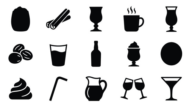 Collection of black and white icons representing various drinks, ingredients, and related items.