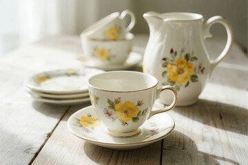 Fototapeta premium Floral-patterned ceramic tea set on a wooden table with soft natural lighting