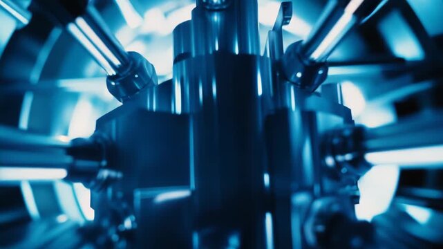 Quantum computer hardware working, featuring advanced technology, intricate machinery, and a central core glowing with vibrant blue light, representing innovation and high tech development