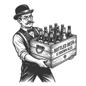 vintage man carrying a wooden crate filled with bottled beer sketch engraving generative ai fictional character vector illustration. Scratch board imitation. Black and white image.