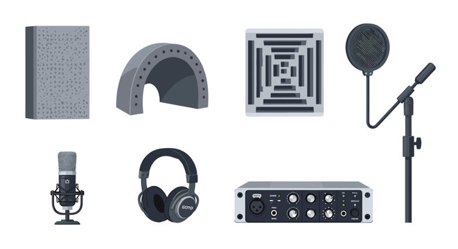 A comprehensive set of professional audio recording equipment including microphones, studio headphones, and a mixing console arranged cleanly on a solid white surface.