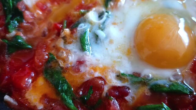A pan in which the dish "shakshuka" is being cooked (eggs simmered in a sauce of tomatoes, spinach, peppers, and spices), close-up