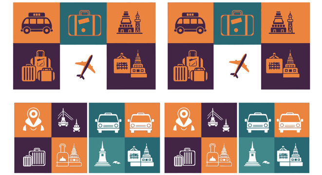 Flat travel and city transportation icon set on colorful backgrounds