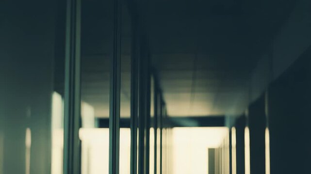 Modern office corridor features architectural interior design, creating a sense of depth and perspective with parallel glass panels and abstract light reflections