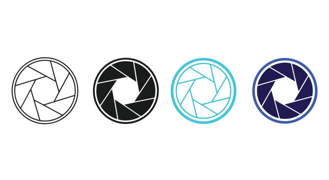 Set of four camera aperture icons in different colors including gray black blue and purple on a white background
