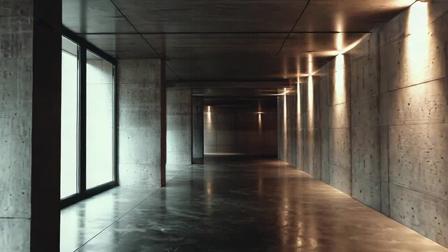 Long and empty modern interior corridor featuring raw concrete walls, large windows letting in natural light, and illuminated recessed lights casting reflections on the wet, dark floor