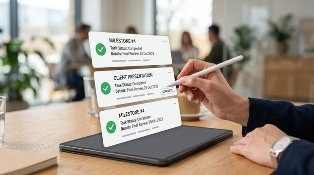 Hand checking completed milestone tasks on digital tablet screen, project management checklist and client presentation status, final review details with green checkmarks in