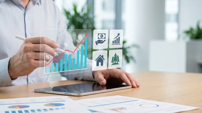 Businessman analyzing financial growth charts on transparent interface with investment icons, stock market trends, real estate assets and forestry resources representing strategic
