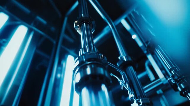 Scientific facility processing advanced liquid solutions in clear glass tubes with glowing blue light, depicting modern research, biotechnology, and chemical engineering concepts
