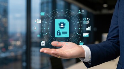 Fototapeta premium Hand holding holographic secure document, data protection concept, cybersecurity shield icon, privacy policy, identity verification, business technology interface, network safety,