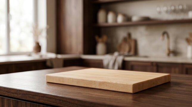 Clean wooden cutting board on dark kitchen island, modern home interior with blurred background, natural light from window, minimalist cooking surface, rustic culinary tool, empty