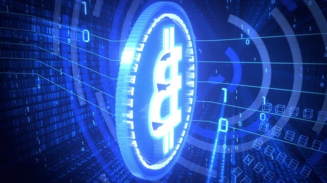 Rotating Cryptocurrency Neon Bitcoin with Geometrical Background and Matrix Binary Code
