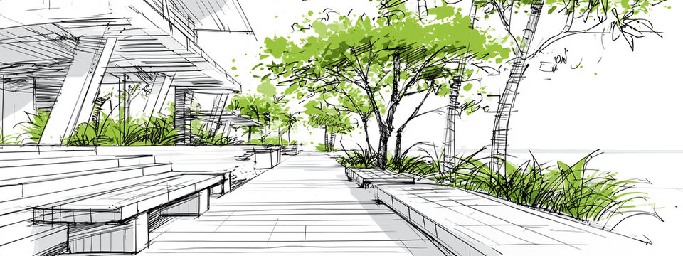 Architectural perspective sketch of a modern outdoor plaza with minimalist benches, green foliage and contemporary building structures.