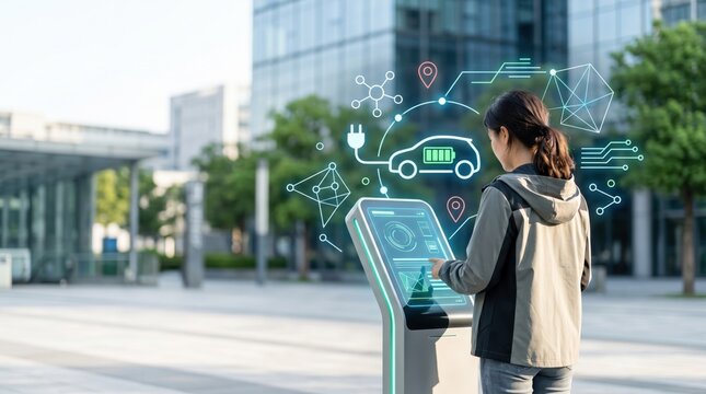 Woman interacting with smart electric vehicle charging station, green energy and sustainable transport technology concept