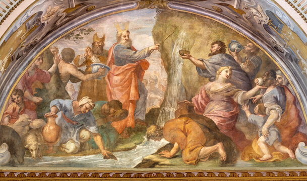 CREMA, ITALY - MARCH 20, 2026: The the scene as Moses gets water from the rock in the church Santuario di Santa Maria della Croce by  Giacomo Parravicino - il Gianolo from year 1721