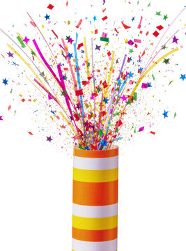 Isolated exploding party popper with vibrant confetti and streamers, festive event