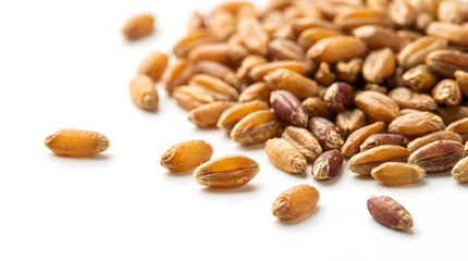 Obraz premium Scattered heritage grains and ancient seeds in warm golden and burgundy tones displaying agricultural diversity.