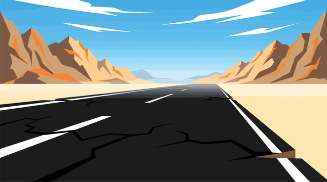 Long empty asphalt highway stretching toward the distant horizon under a clear sky in a vast open landscape, low angle perspective of a two-lane road with yellow markings.