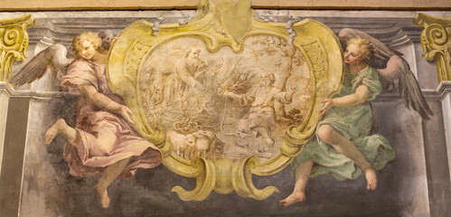 Obraz premium CREMA, ITALY - MARCH 20, 2026: The fresco of God appeared moses in the burning bush the church Santuario di Santa Maria della Croce by Giacomo Parravicino - il Gianolo from year 1721