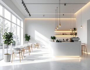 Obraz premium Modern minimalist cafe interior with bright natural light and sleek design