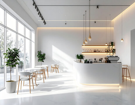 Modern minimalist cafe interior with bright natural light and sleek design
