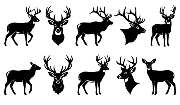 Black deer and elk silhouette vector set with wildlife animal head and body icons isolated on white
