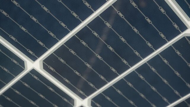 Bifacial solar panel module displays silicon cells and conductive busbars. Technical architecture of dual sided photovoltaic technology for renewable energy production in macro detail.