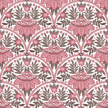 White Pink Scalloped Floral Damask Print